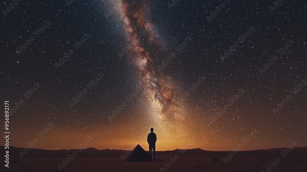 Fototapeta premium A lone tent set up under the stars in a vast desert, the Milky Way stretching across the sky, symbolizing adventure and serenity
