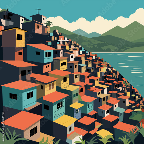 Brazilian favela landscape. Bright vector illustration