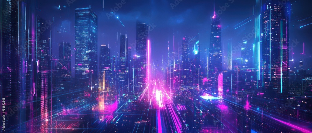 Obraz premium Futuristic Cityscape with Neon Lights