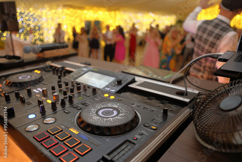 Tableau sur toile DJ table mixer closeup during the event or wedding party and dancing people