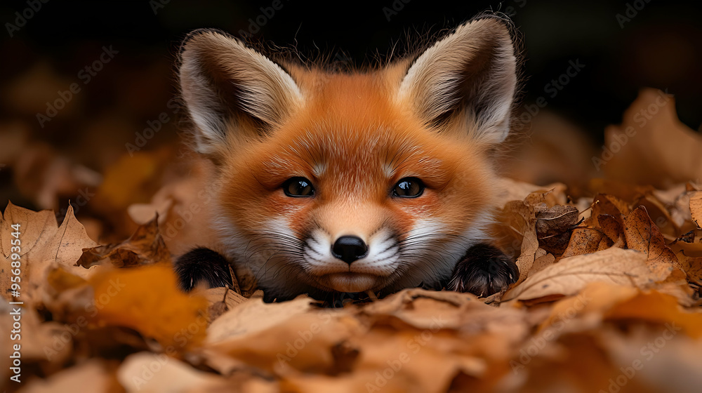 Obraz premium Cute Red Fox Kit Peeking Out From Fall Leaves - Realistic Animal Photography