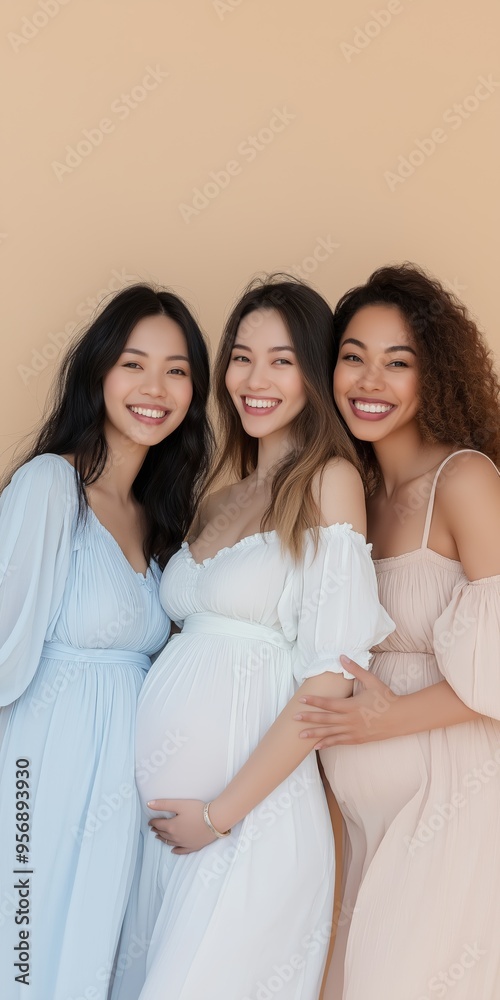 Fototapeta premium Three women are posing for a photo, all wearing blue and white dresses. They are smiling and seem to be happy