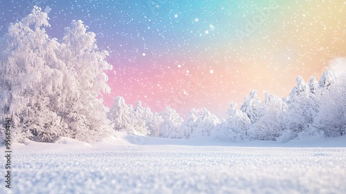 A snowy white landscape set against a rainbow-colored winter background.