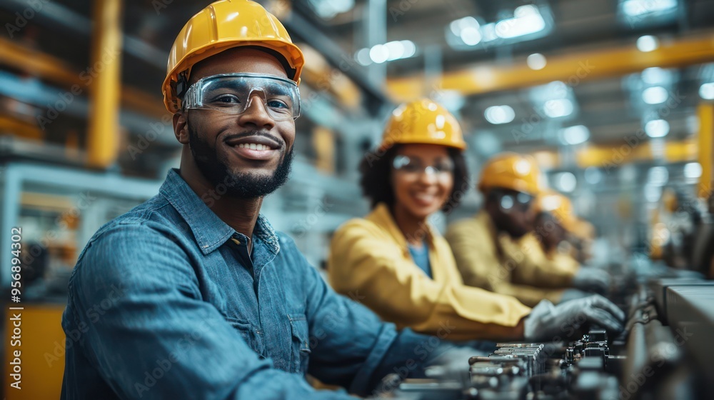 Workers from diverse backgrounds operate machinery on a factory floor, highlighting innovation, teamwork, and the global nature of modern industry