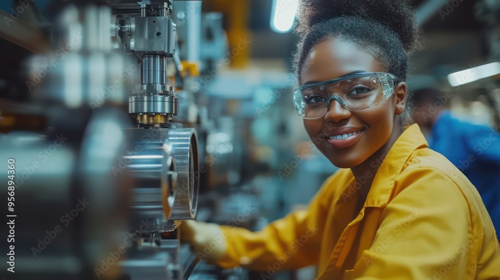 Workers from diverse backgrounds operate machinery on a factory floor, highlighting innovation, teamwork, and the global nature of modern industry Workers from diverse backgrounds operate machinery on a factory floor, highlighting innovation, teamwork, and the global nature of modern industry