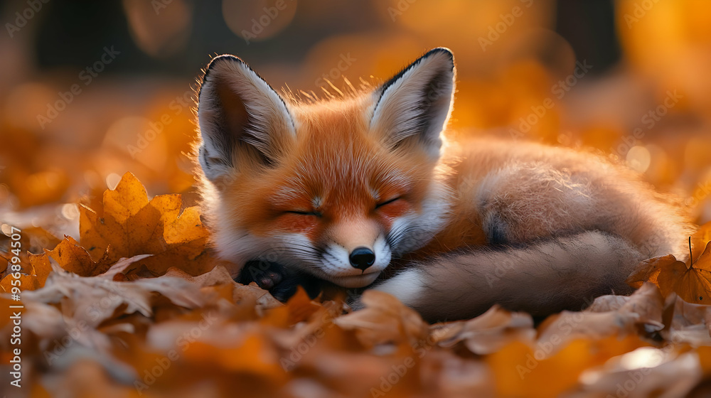 Obraz premium Cute Sleeping Fox Kit in Autumn Leaves - Realistic Animal Photography