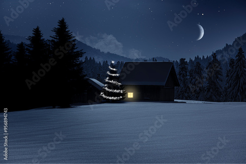 Leuchtender Weihnachtsbaum in einem ländlichen Dorf in verschneiter Landschaf...