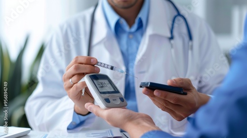 A doctor in a white coat tests blood glucose using a pen meter on a patient. Patient actively involved, emphasizing diabetes management importance. photo