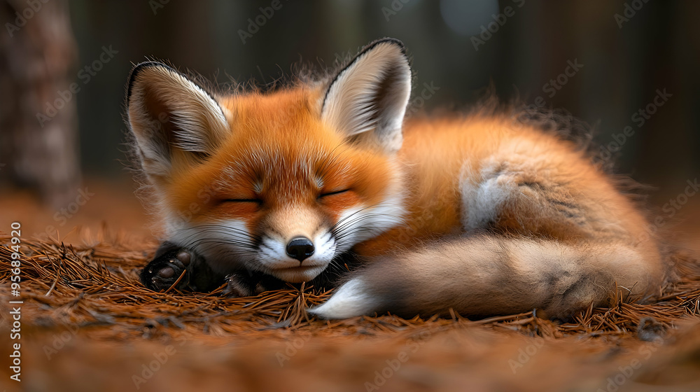 Red Fox Kit Sleeping in a Forest - Realistic Photo Red Fox Kit Sleeping in a Forest - Realistic Photo
