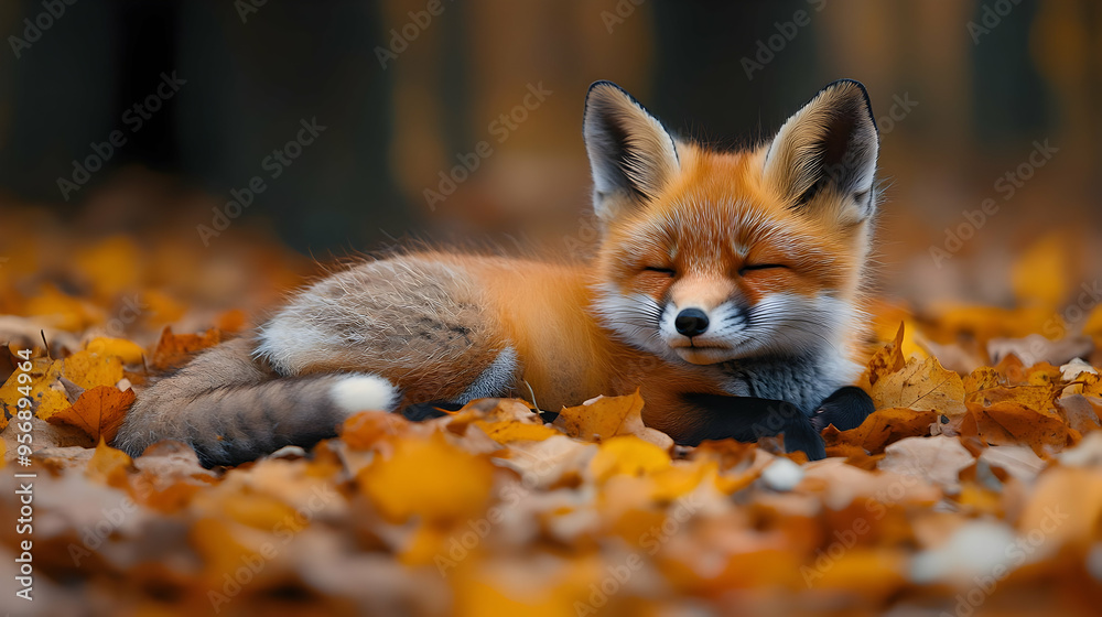 Cute Red Fox Sleeping in a Pile of Autumn Leaves - Realistic Image Cute Red Fox Sleeping in a Pile of Autumn Leaves - Realistic Image