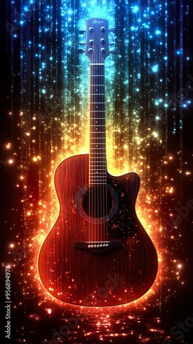 A beautifully crafted acoustic guitar positioned prominently against a vibrant, light, and colorful background ratio 9:16 phone wallpaper