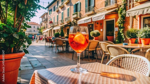 Sunny Italian cafe scene with a glass of Aperol Spritz on a table , Aperol Spritz, Italian, cafe, drink, cocktail, beverage photo