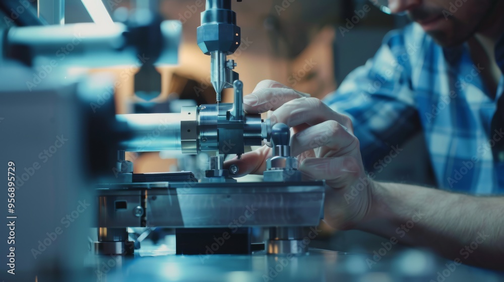 A precision engineer skillfully adjusts delicate machinery components in a dimly lit workshop, embodying dexterity and meticulous attention to detail. A precision engineer skillfully adjusts delicate machinery components in a dimly lit workshop, embodying dexterity and meticulous attention to detail.