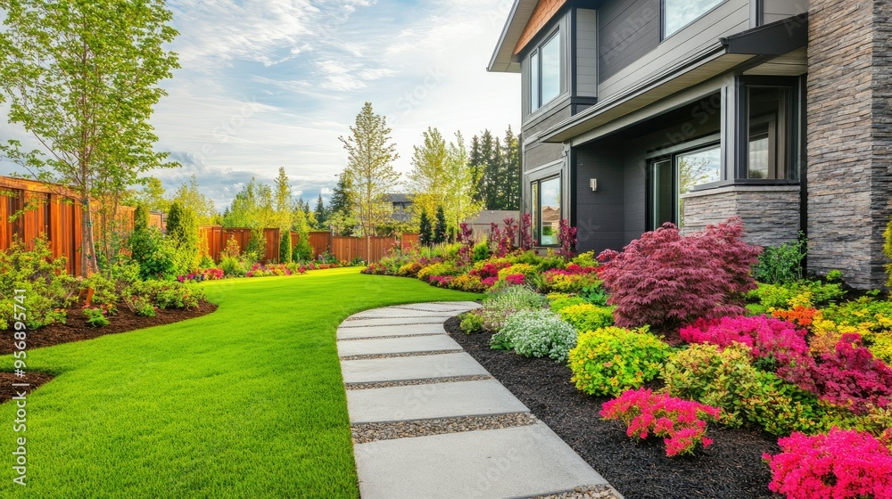 Naklejka premium Front view of a house with a vibrant garden and a clean concrete walkway, showcasing a beautifully landscaped front yard. Ideal for outdoor living concepts.