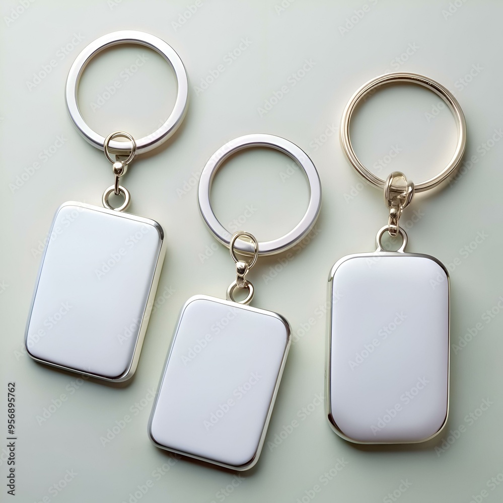 Fototapeta premium Three blank keychains with silver and gold rings.