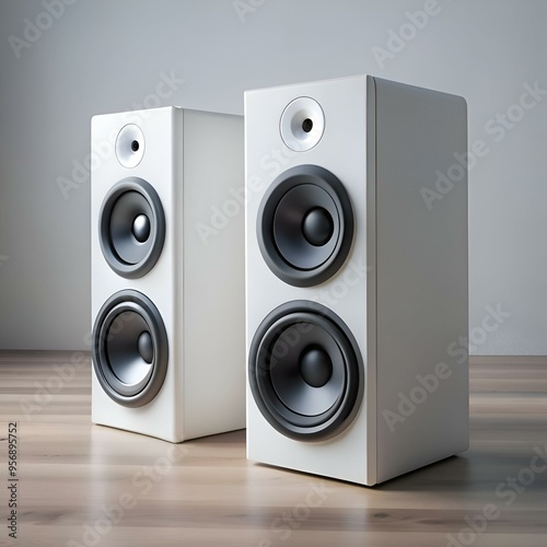 A pair of sleek. white stereo speakers on a wooden floor.