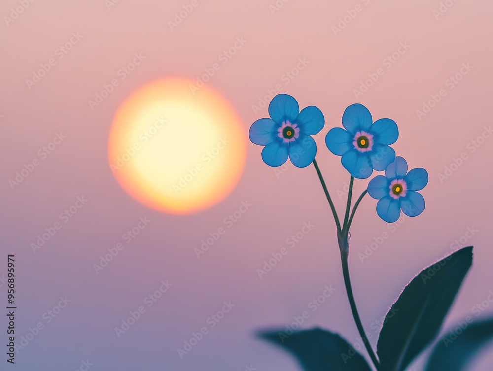 Obraz premium Forget-me-not flowers in the sky, with a full moon hangs high above the horizon