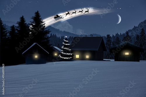 Santa Claus mit Schlitten, über  in einem ländlichen Dorf in verschneiter Lan...