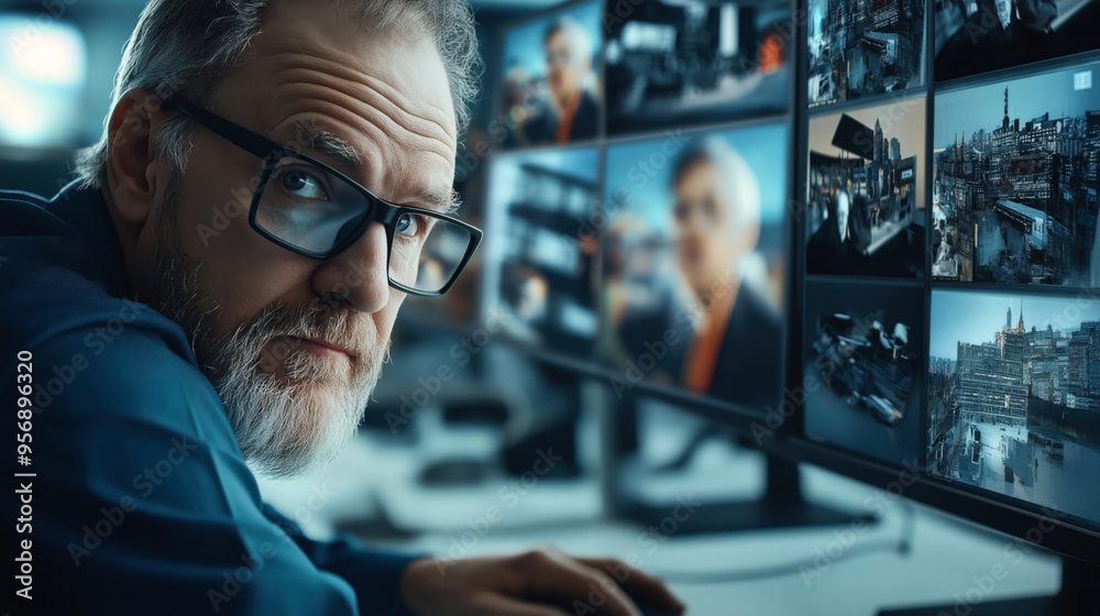 An older man with glasses and a beard working at a multi-monitor setup, reviewing various images and information on the screens. An older man with glasses and a beard working at a multi-monitor setup, reviewing various images and information on the screens.