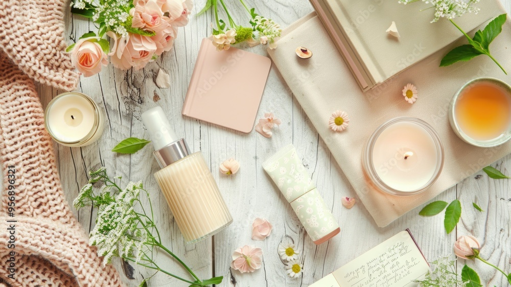 Flat lay of cozy self-care essentials with flowers and candles Flat lay of cozy self-care essentials with flowers and candles