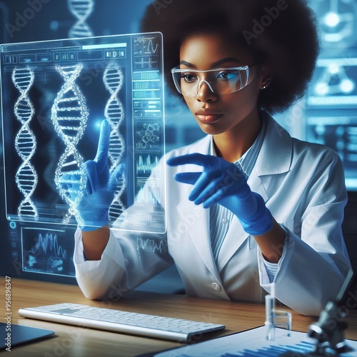 Geneticist A woman examining a DNA sequence her hands manipulati