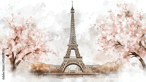 Charming watercolor illustration of the Eiffel Tower surrounded by cherry blossoms, evoking the beauty of spring in Paris.