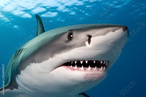 Sharks head with open mouth, sharp teeth contrasting with serene water background photo