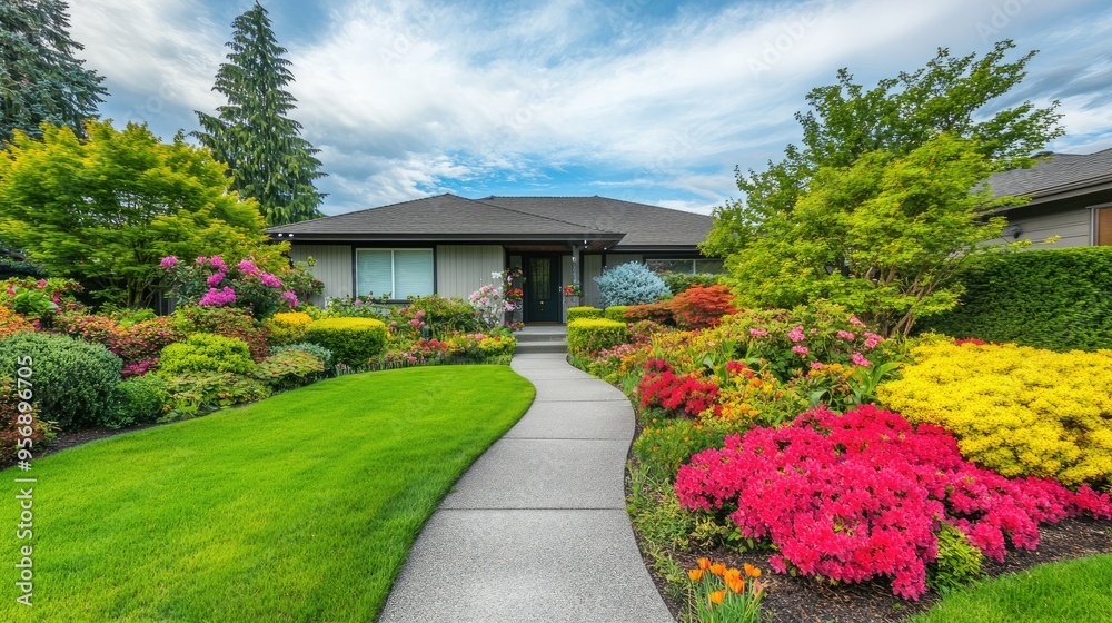 Naklejka premium Front view of a house with a well-kept garden and a sleek concrete walkway, surrounded by vibrant flowers and greenery.