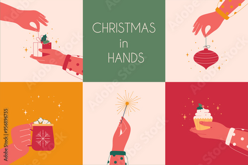 Christmas designs set. Xmas cards with human hands holding symbols of winter holidays: gifts, sparkler, tree toy, hot cocoa, cupcake. Festive season postcards for new year events. Vector 