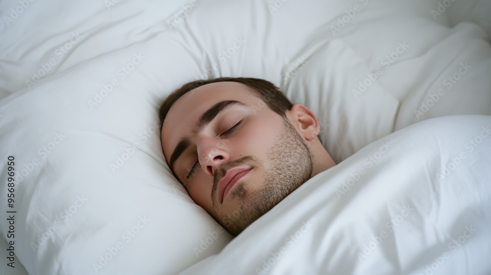 A peaceful young man sleeping soundly on a cozy pillow, embodying tranquility and restfulness in a serene setting. A peaceful young man sleeping soundly on a cozy pillow, embodying tranquility and restfulness in a serene setting.
