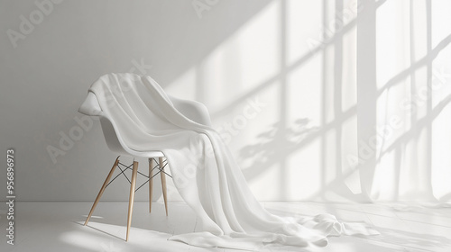 A 3D Mockup of a White T-Shirt Draped Over a Chair Set in a Minimalist Room