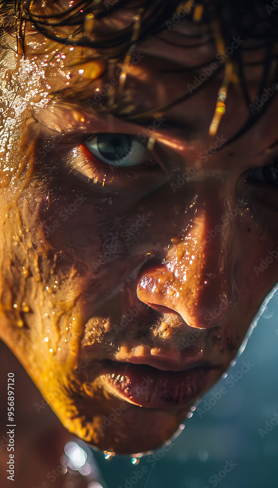 Intense Wrestler Staring Down Opponent with Determination in Bright Wrestling Ring Intense Wrestler Staring Down Opponent with Determination in Bright Wrestling Ring