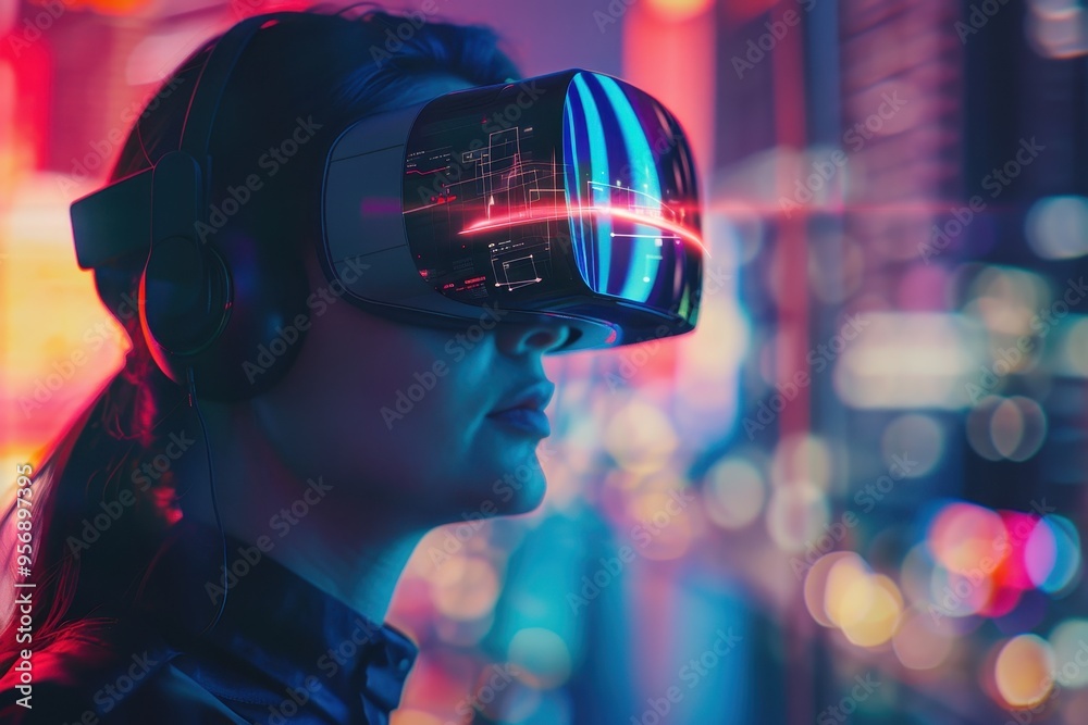 Woman Experiencing Virtual Reality in a Neon-Lit Urban Environment Woman Experiencing Virtual Reality in a Neon-Lit Urban Environment