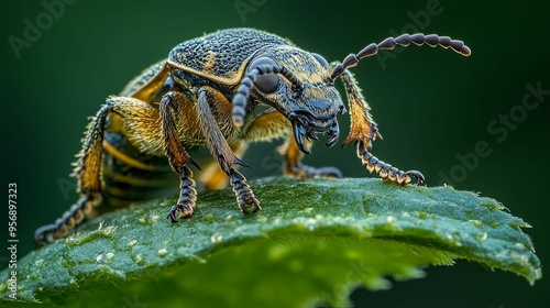 Macro Photograph of a Golden-Yellow and Blue Beetle on a Green Leaf