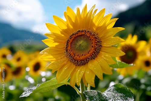 Sunflowers, tall and bright, golden fields turn their faces to follow the sun photo