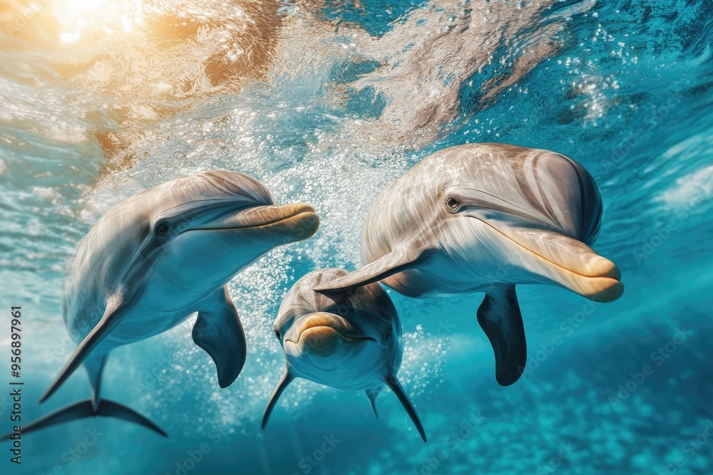 Obraz premium Underwater Dolphin Trio: Three dolphins glide gracefully beneath the crystal-clear ocean, bathed in the ethereal glow of sunlight, showcasing their beauty and freedom in their natural habitat.