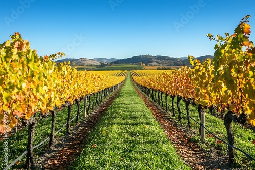 A countryside vineyard with golden-yellow grapevines in autumn, set against distant hills and a crisp, clear blue sky, capturing the essence of the season's beauty. photo