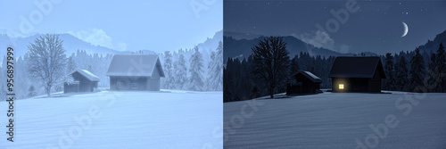 Alte Holzhütte im Winter in verschneiter Landschaft