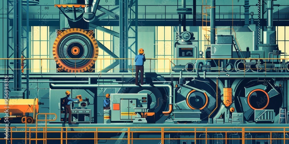 Industrial manufacturing process with workers operating heavy machinery, illustrating labor and industry Industrial manufacturing process with workers operating heavy machinery, illustrating labor and industry