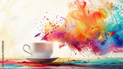 A vibrant cup surrounded by colorful splashes, symbolizing creativity and imagination in a dynamic and artistic way.