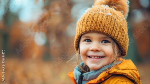 A cheerful girl in a fluffy hat beams with joy against a backdrop of warm autumn colors, her smile lighting up the scene.