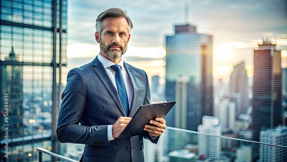 Fototapeta premium Confident executive stands against a blurred cityscape background, grasping a clipboard with both hands, conveying authority, professionalism, and focus on business data analysis.