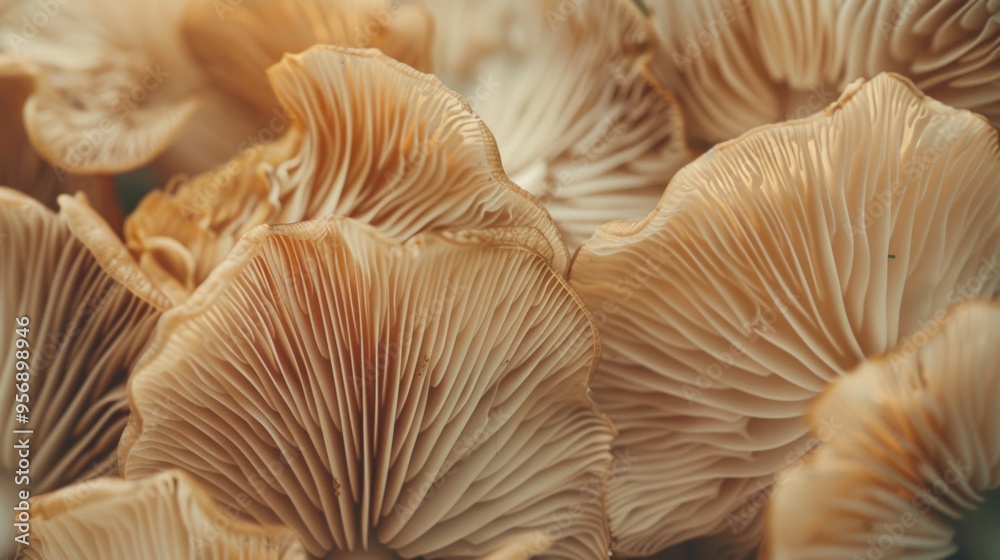 Close-up of delicate mushroom gills with soft lighting, emphasizing their natural, intricate details and organic beauty. Close-up of delicate mushroom gills with soft lighting, emphasizing their natural, intricate details and organic beauty.