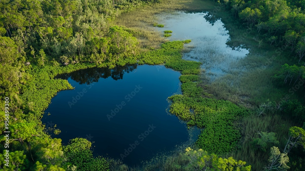 Aerial View of a Deep Blue Lake Surrounded by Lush Green Trees and Water Plants Aerial View of a Deep Blue Lake Surrounded by Lush Green Trees and Water Plants