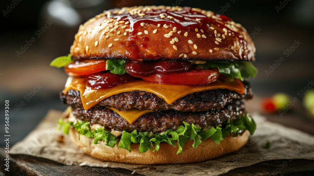 Juicy burger with layers of toppings Juicy burger with layers of toppings