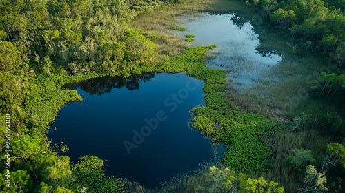 Aerial View of a Deep Blue Lake Surrounded by Lush Green Trees and Water Plants