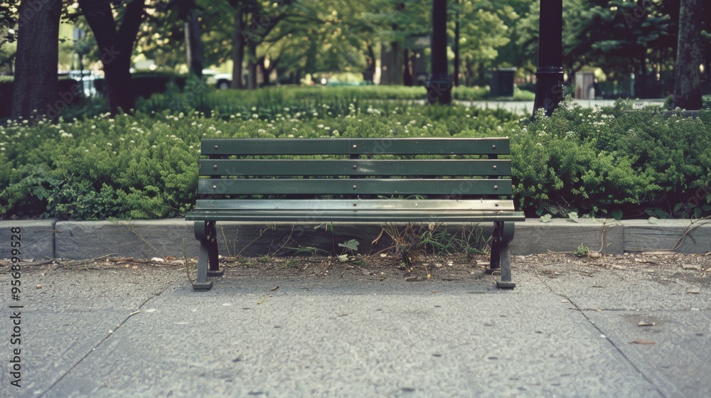 An empty park bench surrounded by vibrant greenery in a public park, creating a scene of tranquility and natural beauty. An empty park bench surrounded by vibrant greenery in a public park, creating a scene of tranquility and natural beauty.