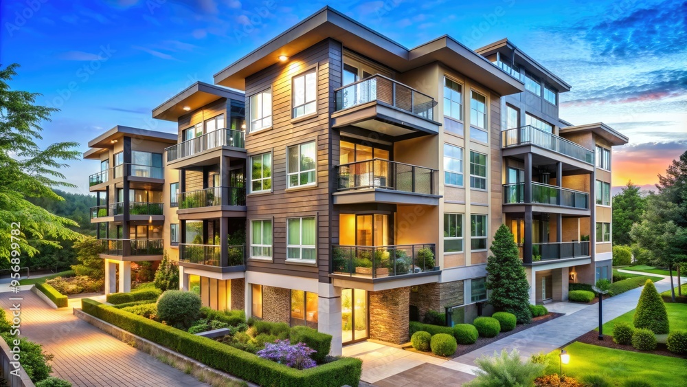 Contemporary three-story multifamily building with balconies and modern architecture, surrounded by lush greenery and a serene neighborhood, evoking a sense of community and comfort. Contemporary three-story multifamily building with balconies and modern architecture, surrounded by lush greenery and a serene neighborhood, evoking a sense of community and comfort.