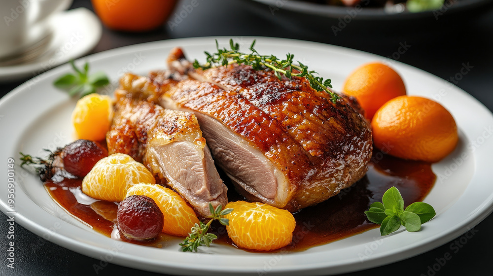 Juicy roasted duck with crispy skin, served with a side of orange glaze, luxurious and rich setting. Juicy roasted duck with crispy skin, served with a side of orange glaze, luxurious and rich setting.