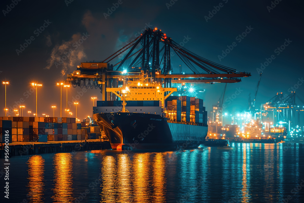 Naklejka premium A Majestic Cargo Ship Illuminated Under a Starry Night, Reflecting in the Still Waters of the Harbor.